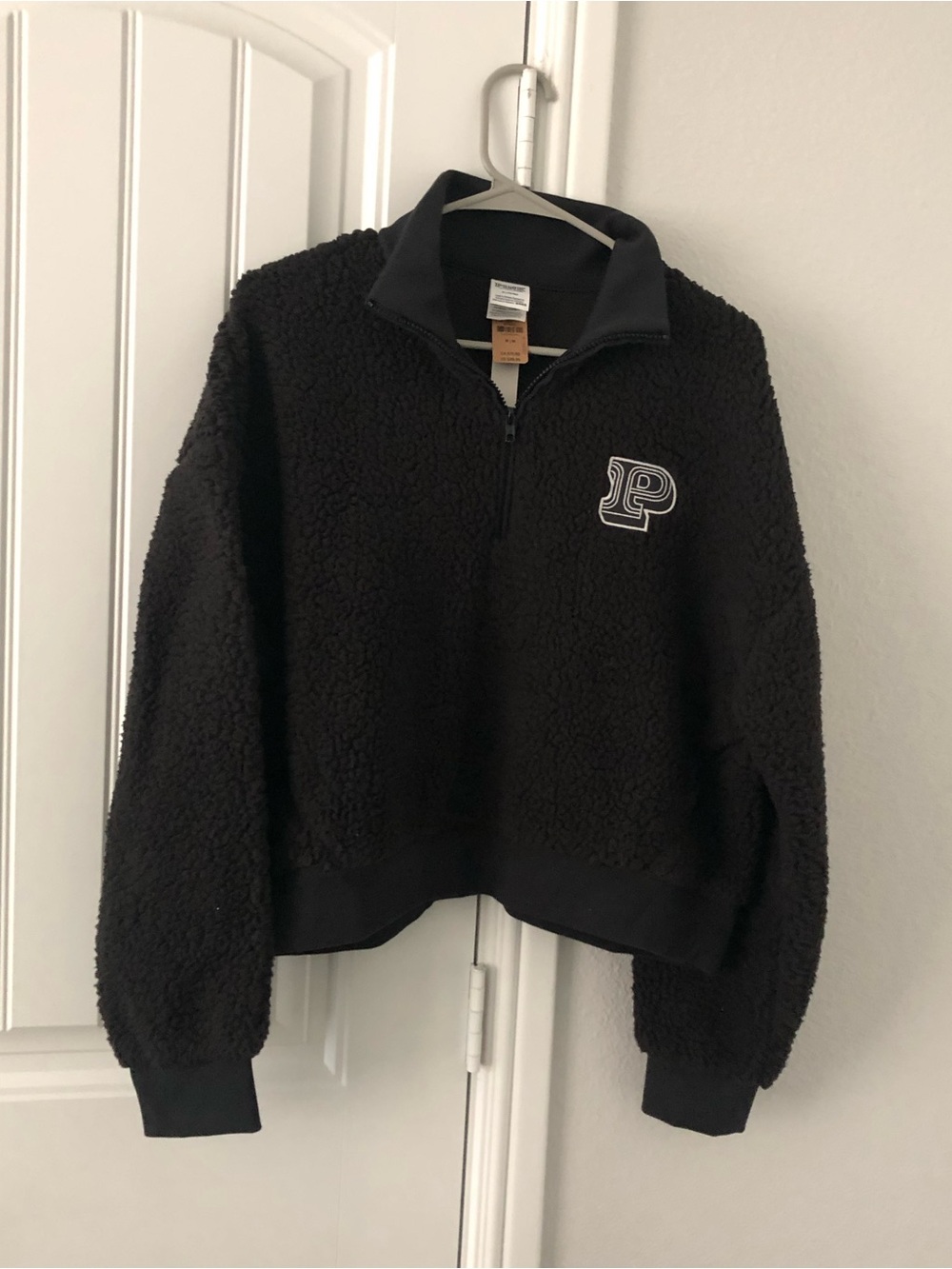 Black Sherpa Quarter-Zip Sweater with P Patch